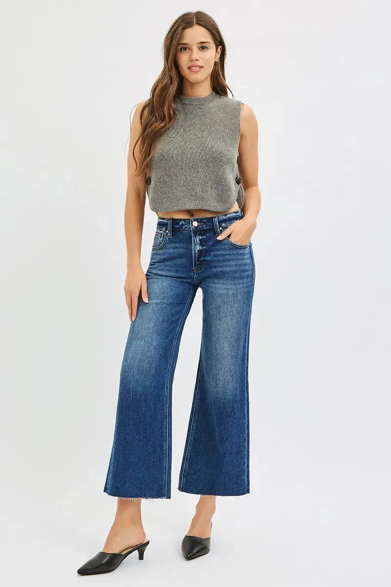 RISEN Jeans - Plus Size Mid Rise Crop Wide Raw Cut Hem Jeans