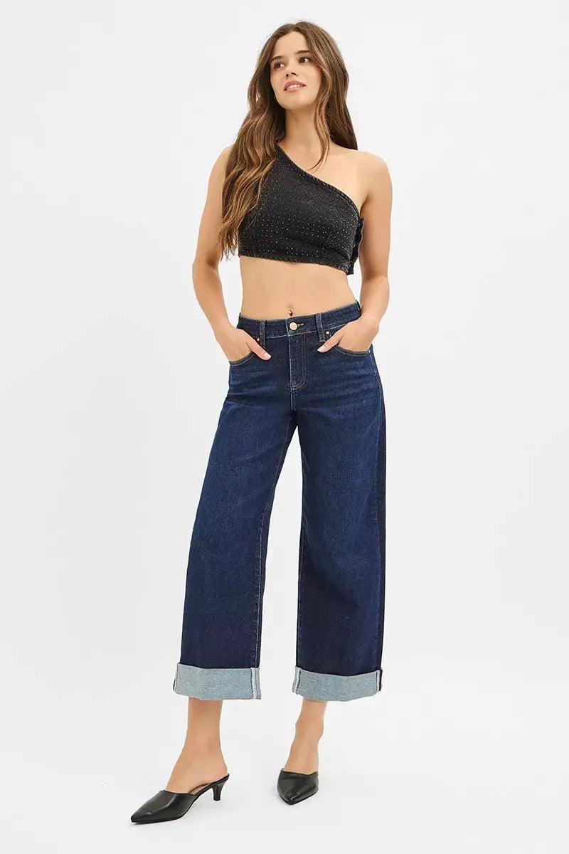 RISEN Jeans - Mid Rise Fit Ankle Wide Roll Up Jeans