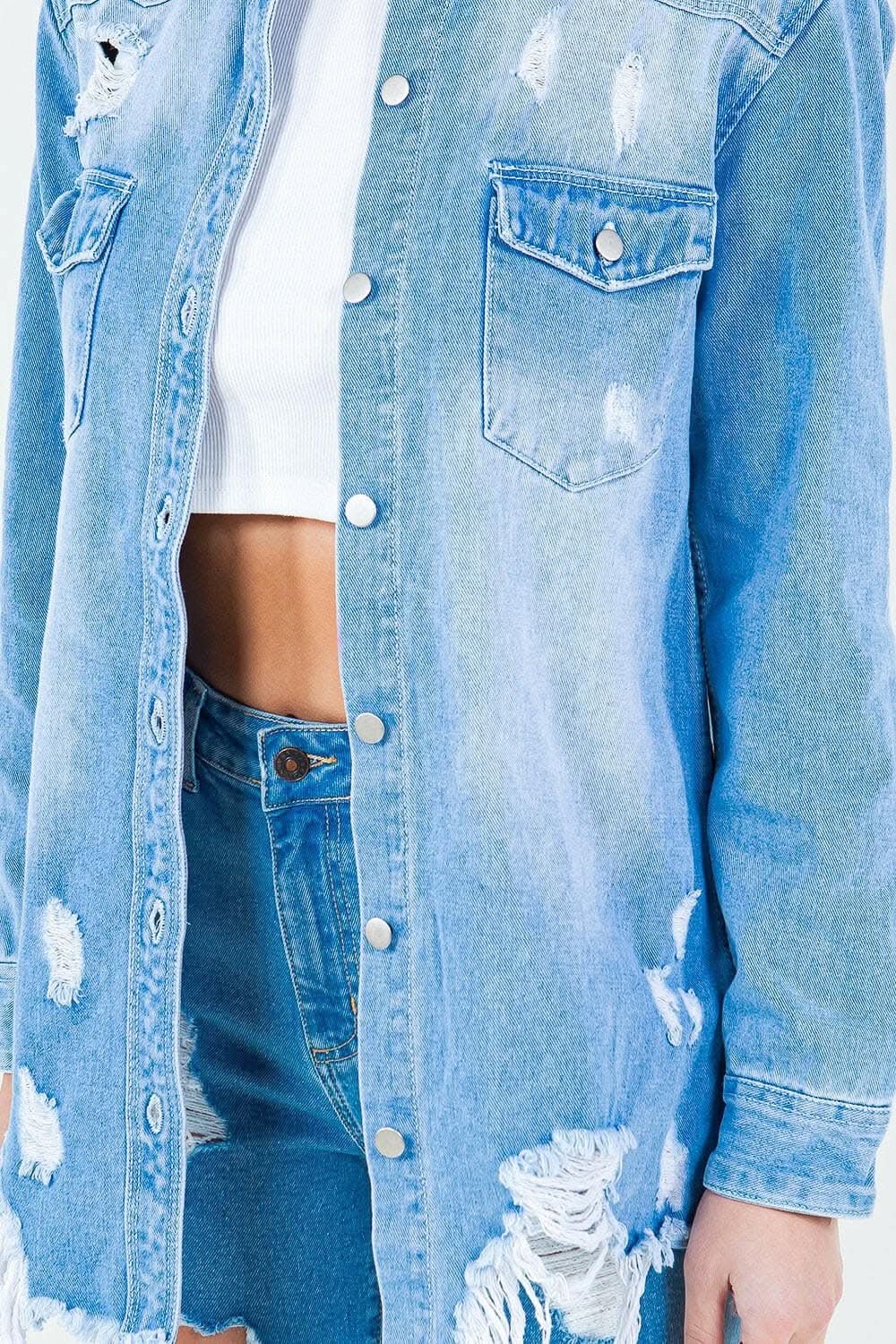 Jackets Trendsi American Bazi Frayed Denim Shirt Jacket Light Blue Small