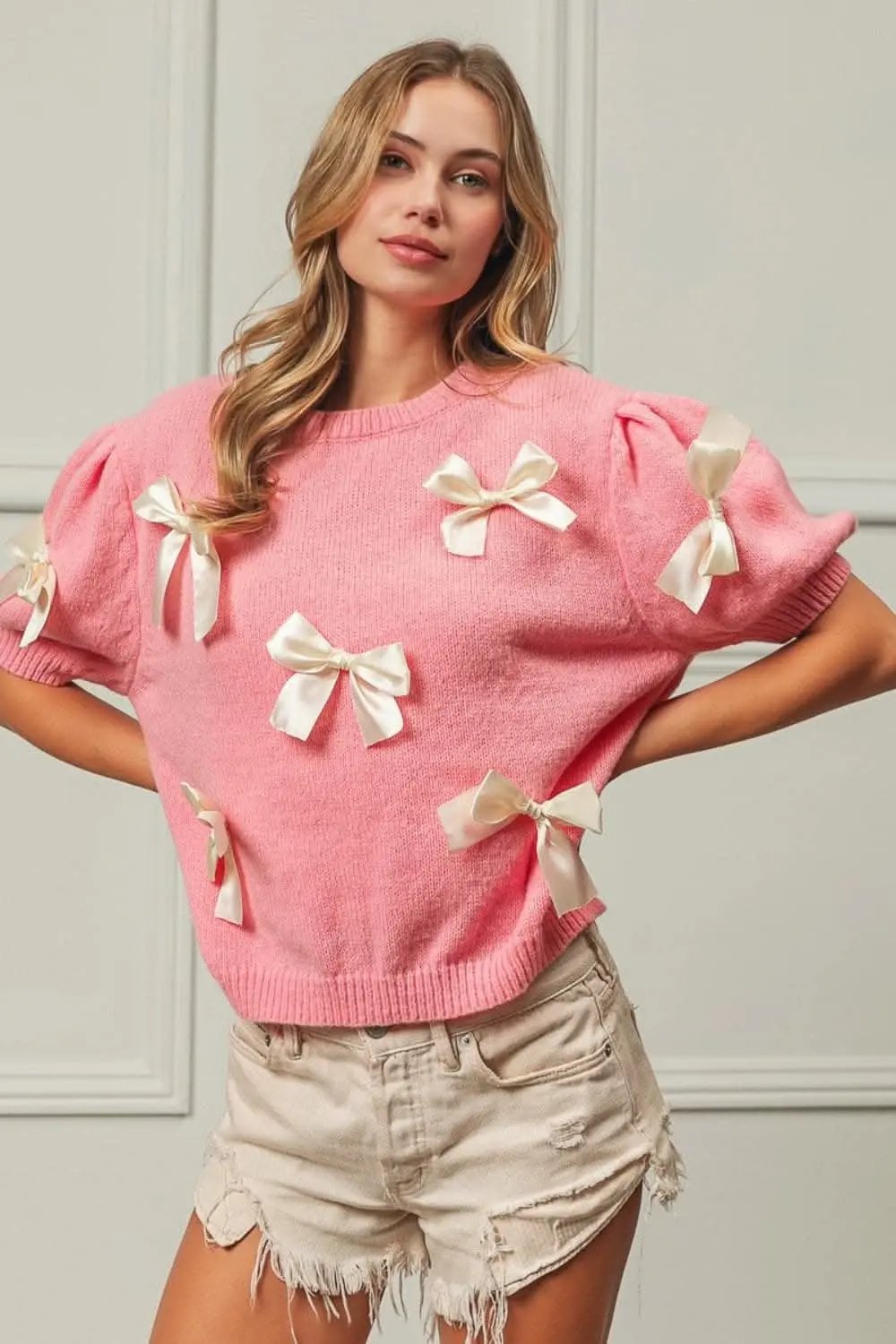 Sweaters Trendsi Ribbon Bow Sweater Women's Cute Knit Top Puff Sleeve, USA Ship