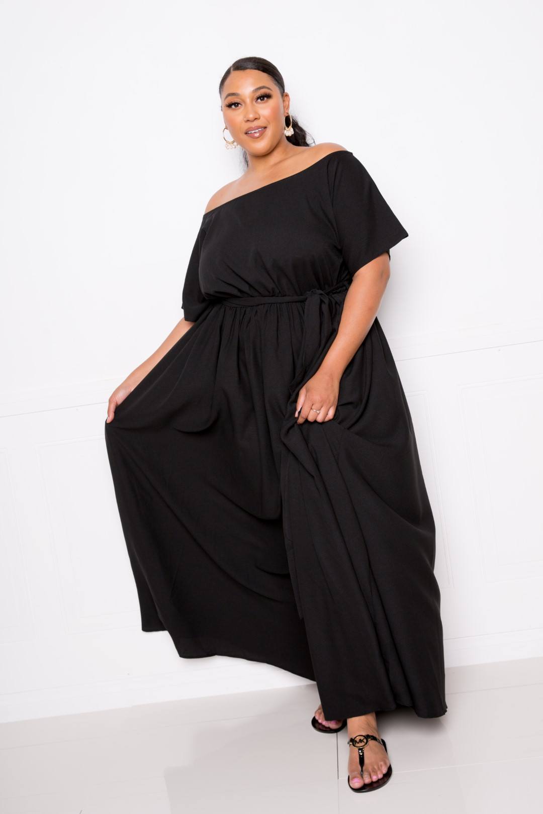 Plus Size Off Shoulder Black Lightweight Unlined Maxi Dress