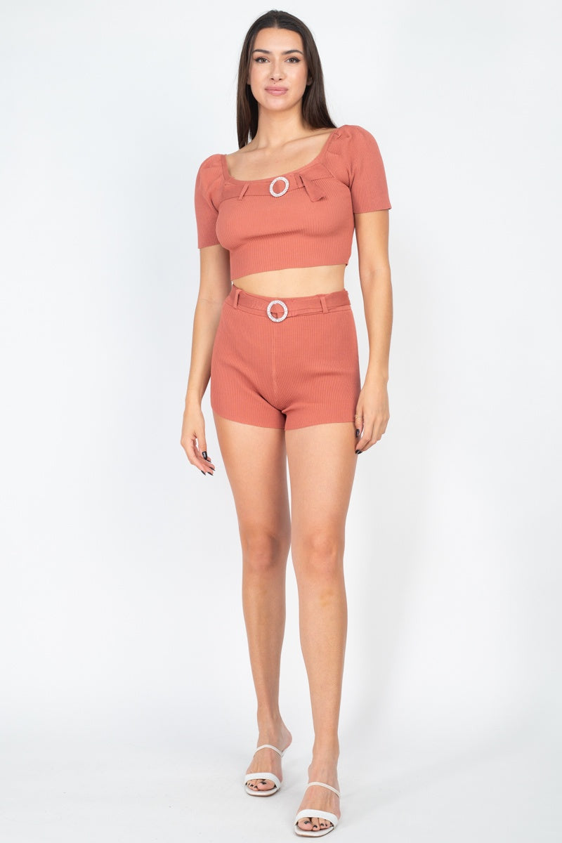 Scoop Neck Crop Top And Ribbed Shorts - Sale