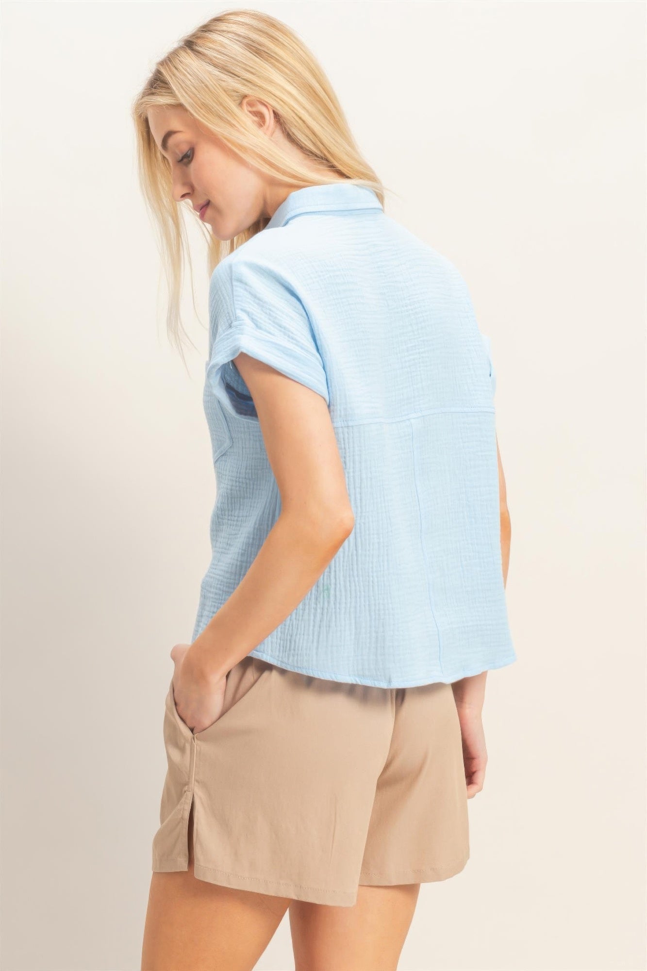Rolled Sleeve Button-up Top