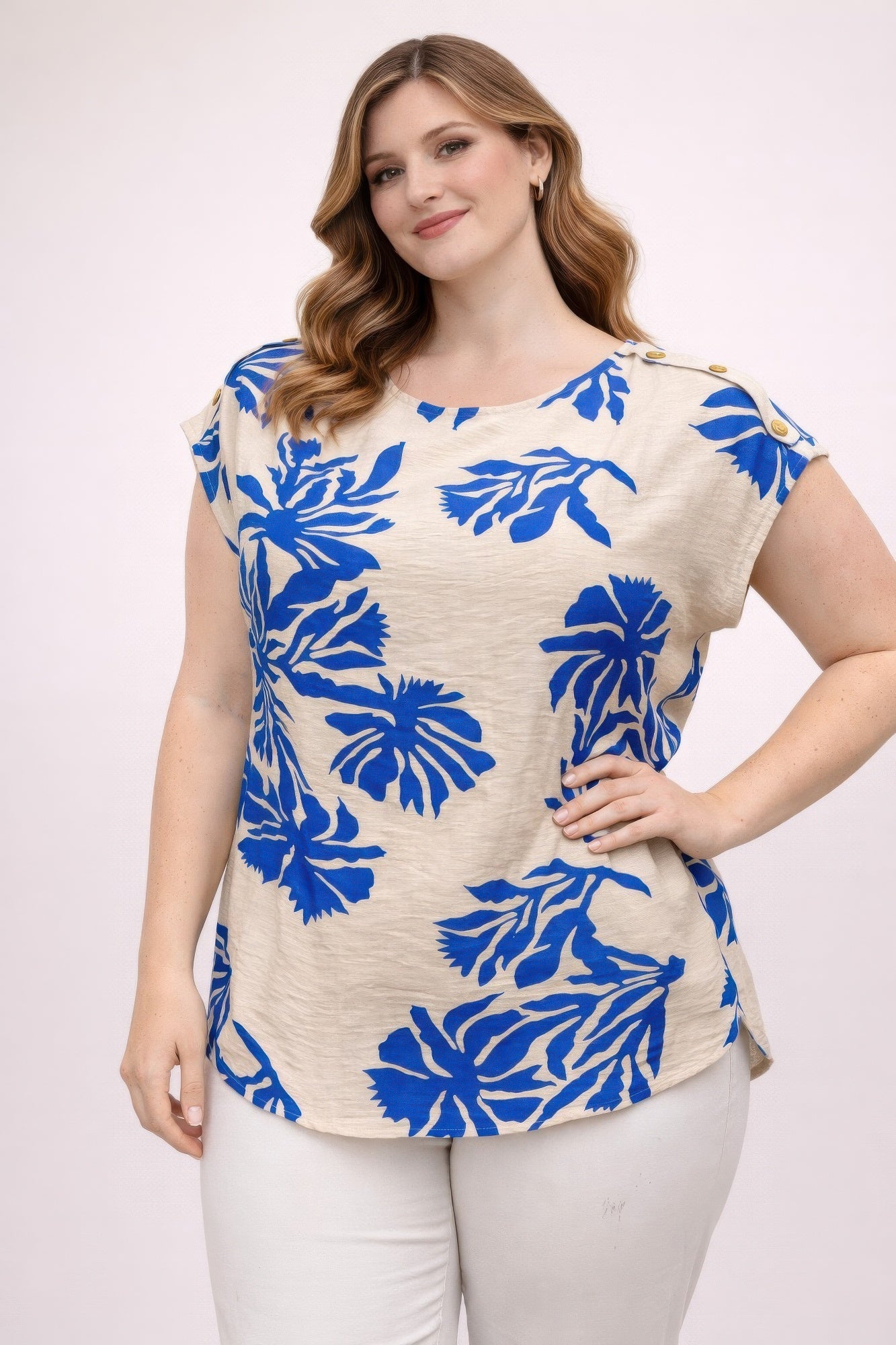 Plus Size Tropical Leaf Print Button-shoulder Top