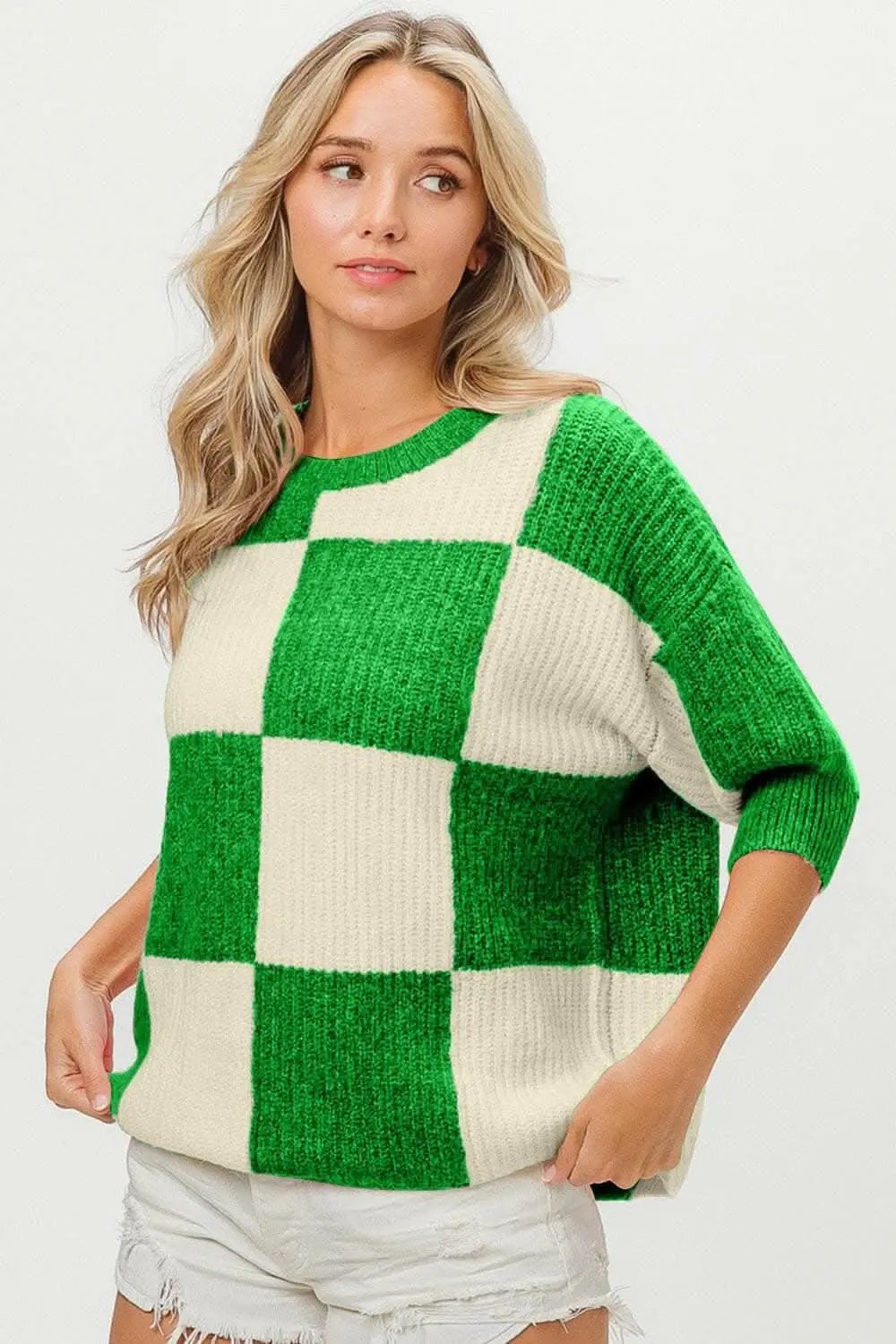 T-Shirts Trendsi just arrived - Chic Checkered Round Neck Sweater with Contrast