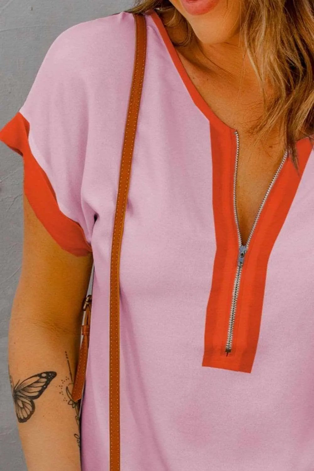 Short Sleeve Contrast Zip-Up Top by Trendsi - Blush