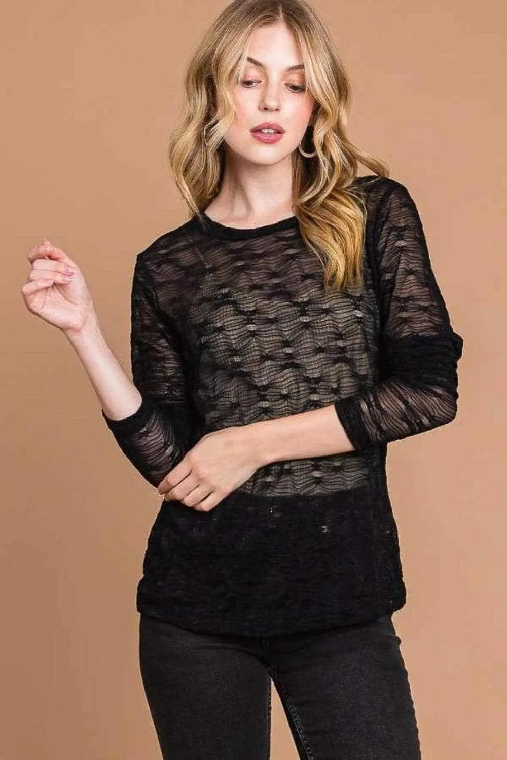 Trendsi Women's Plus Size Mesh Top Long Sleeve Sheer Layering