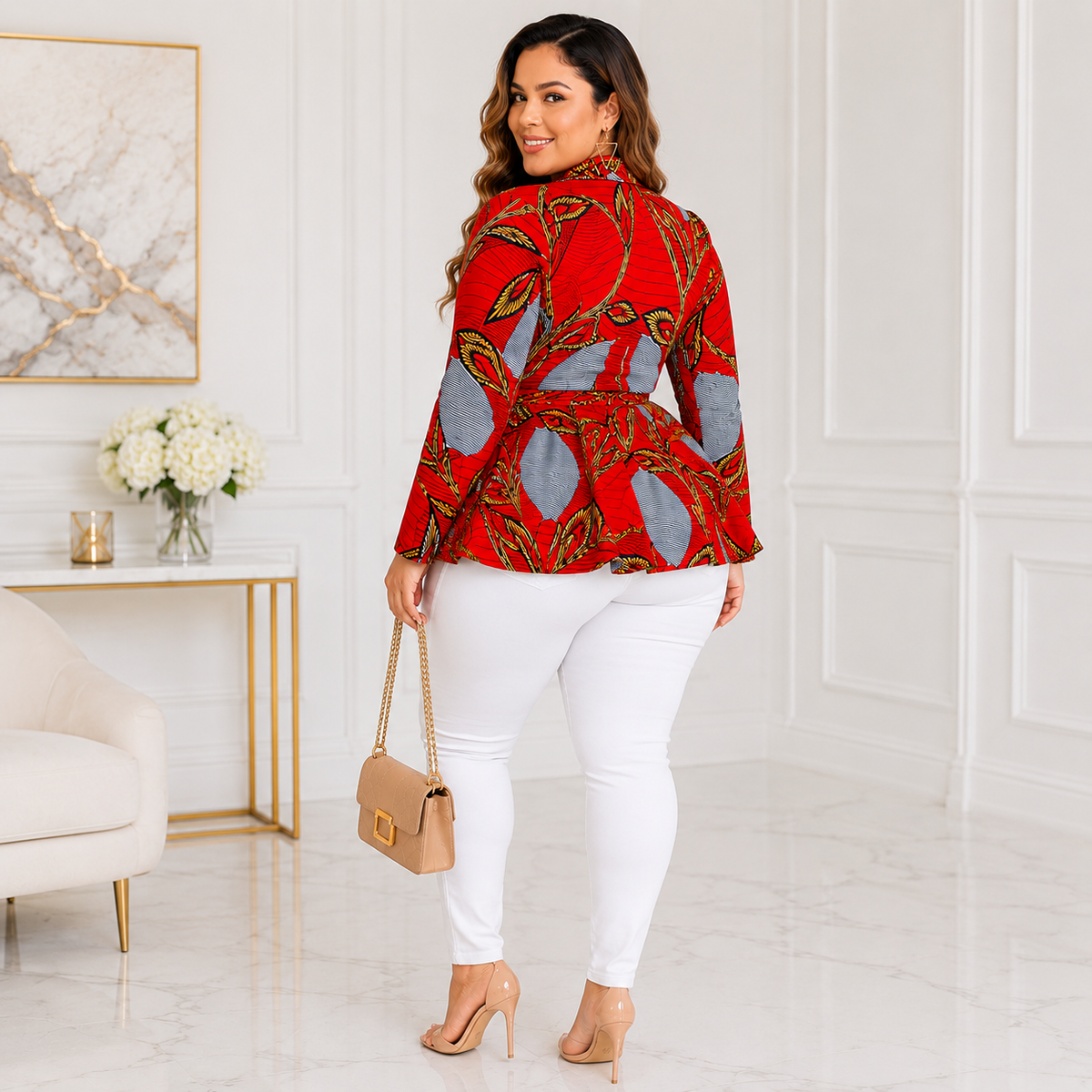 Duma Mbili African Print Long Sleeved Peplum Red Blouse