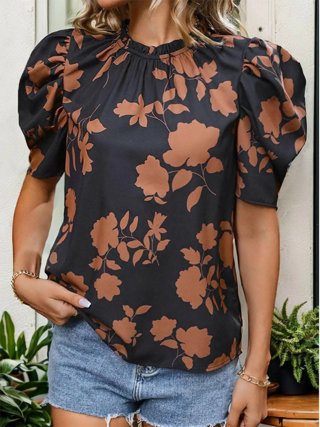 just arrived Trendsi Frill Puff Sleeve Blouse Women's Printed Design Top - Cute & Stylish
