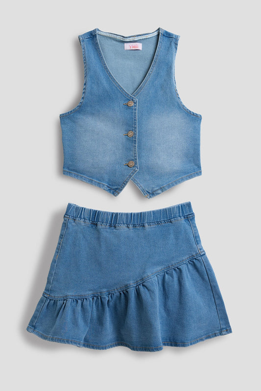 Girls Denim Vest & Ruffle Skirt Set