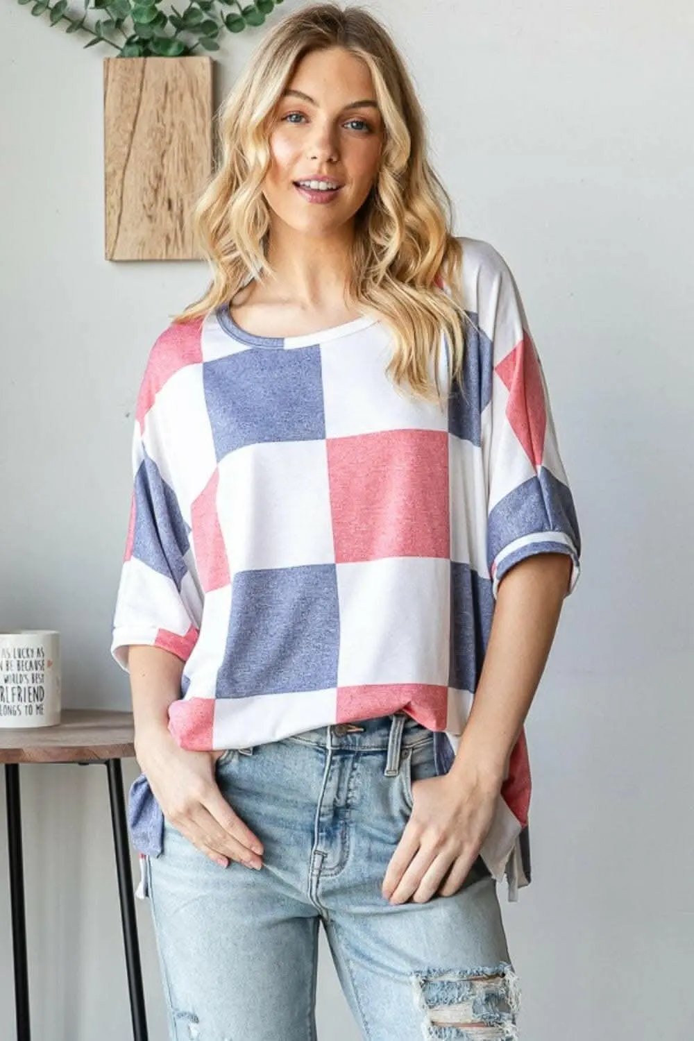 Activewear Trendsi Checkered Tee Women's Casual Top Short Sleeve Round Neck Soft Shirt