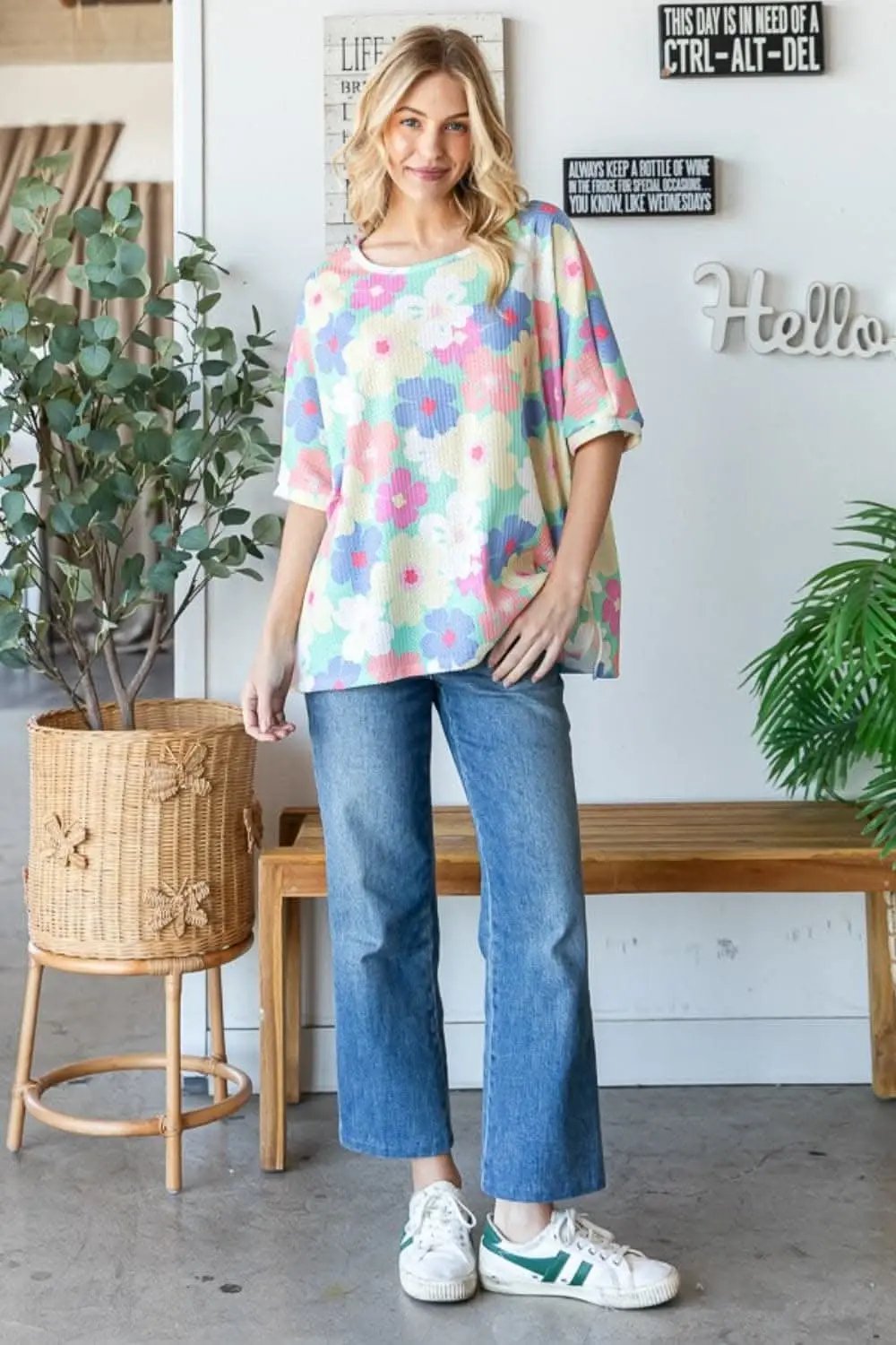 T-Shirts Trendsi Floral Waffle Oversized Women's T-Shirt + Casual Top + Soft & Comfy