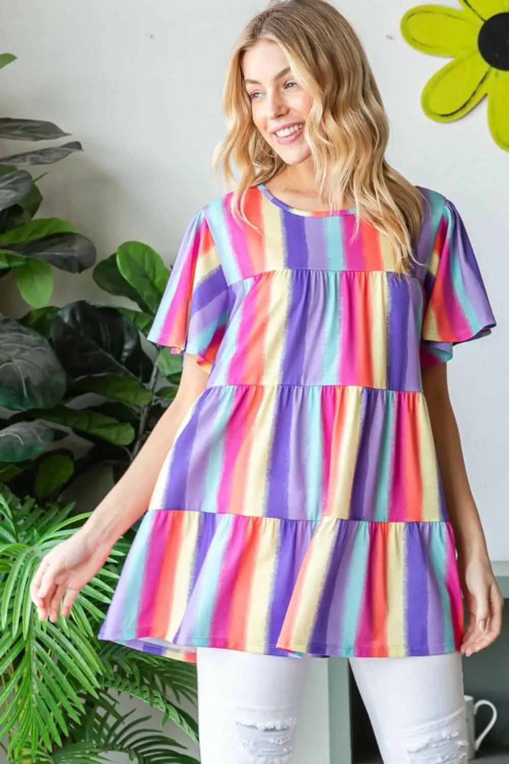 T-Shirts Trendsi Shorts - Heimish Full Size Short Sleeve Striped Tiered Top