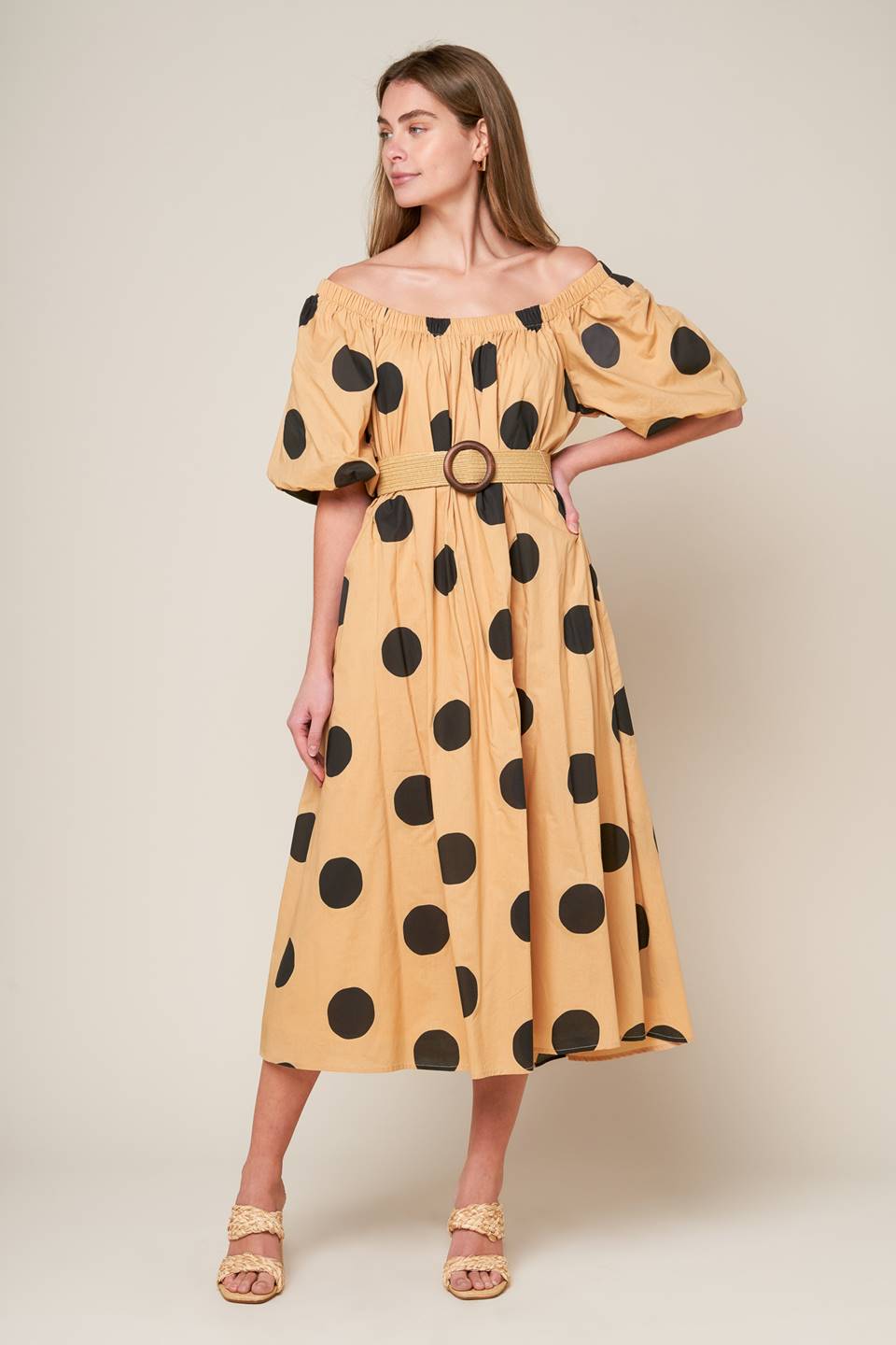 HUMMINGBIRD'S HAVEN TAUPE WOVEN MIDI DRESS