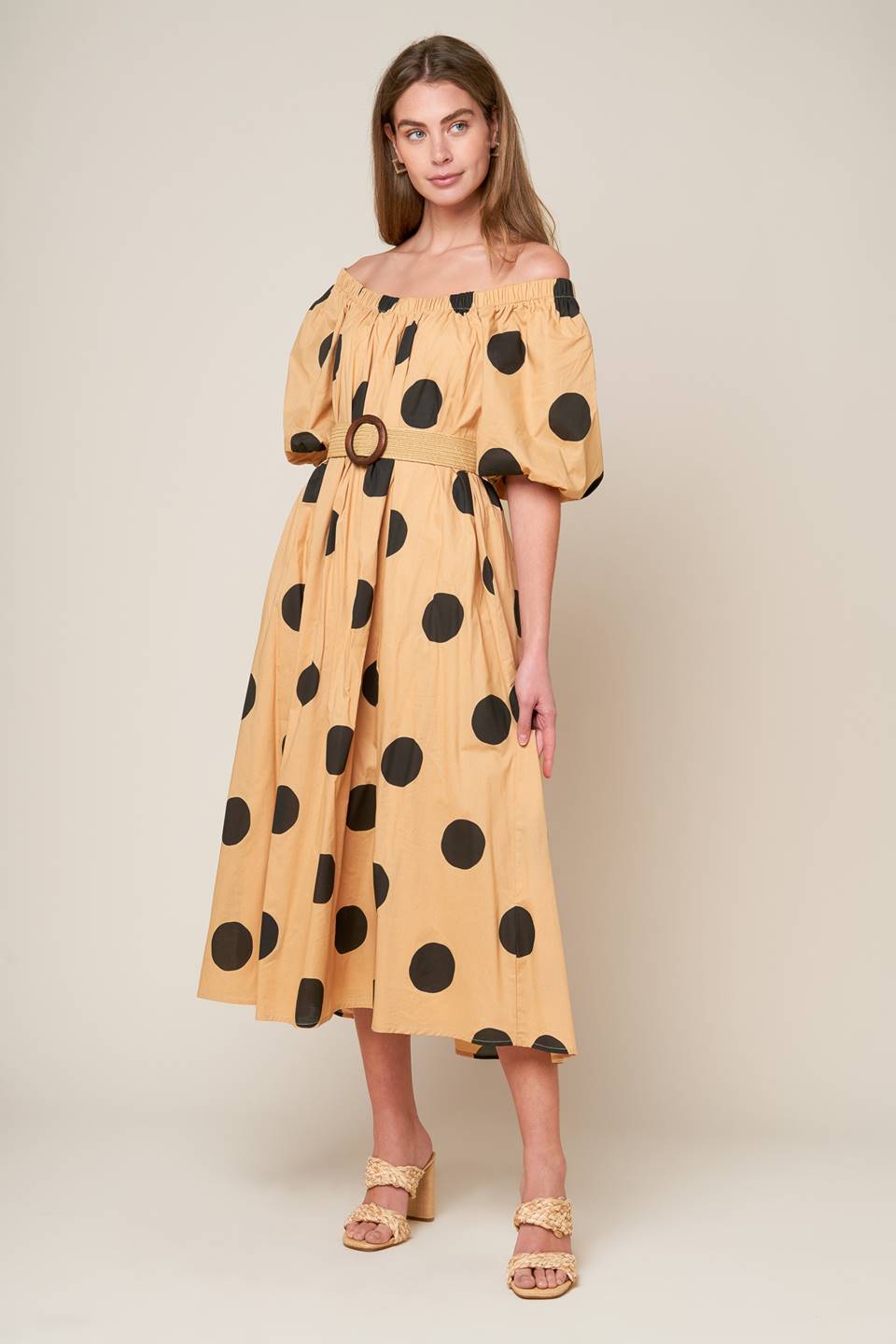 HUMMINGBIRD'S HAVEN TAUPE WOVEN MIDI DRESS
