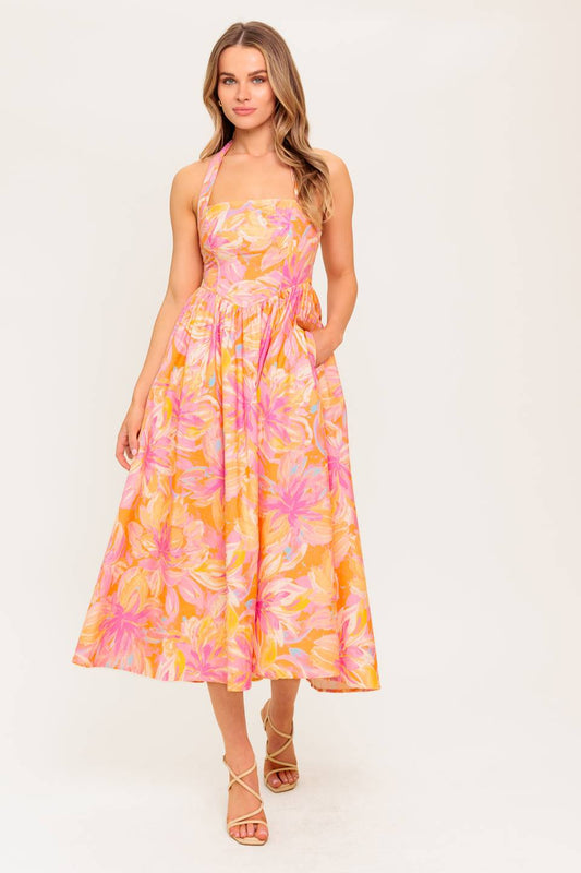 MORNING BLOOM CORAL WOVEN MIDI DRESS