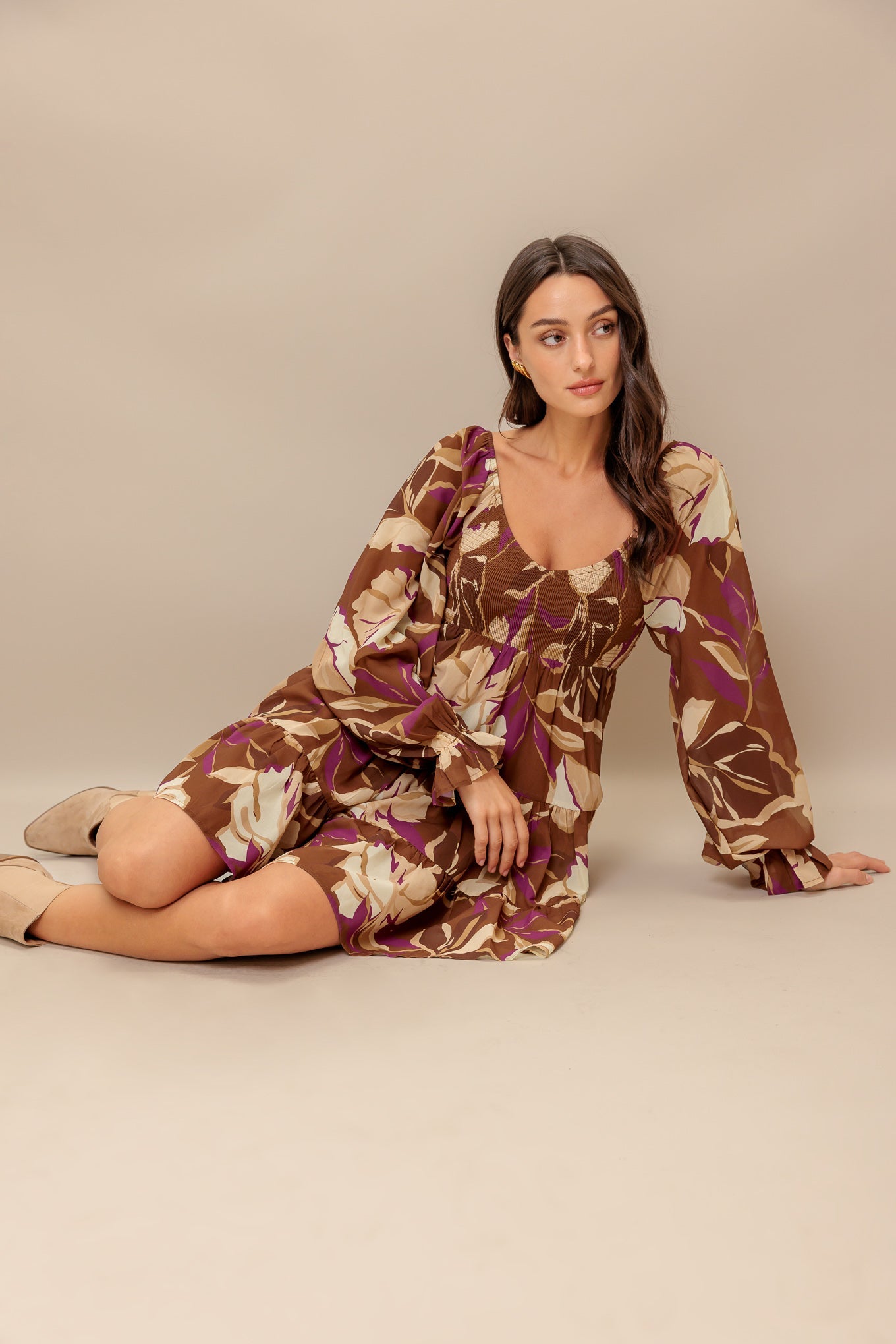 EARTHY GLOW BROWN WOVEN MINI DRESS