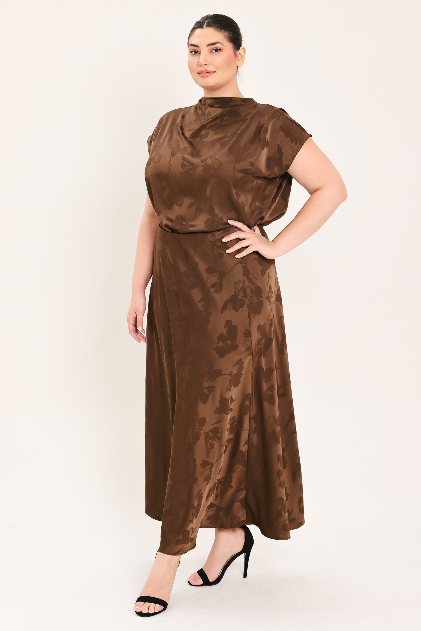 CHOCOLATE FLORAL WOVEN JACQUARD MIDI SKIRT