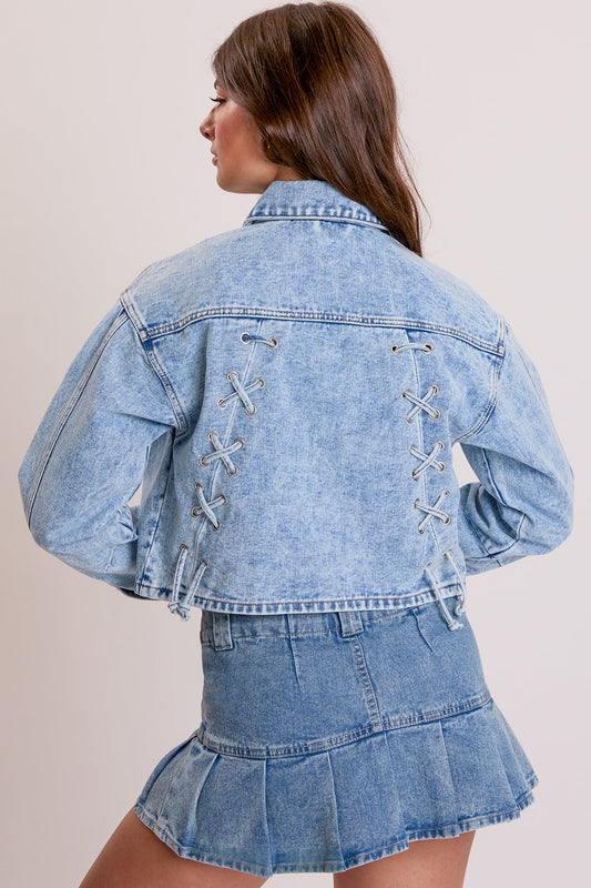 Women's Cropped Lace Up Back Denim Jacket