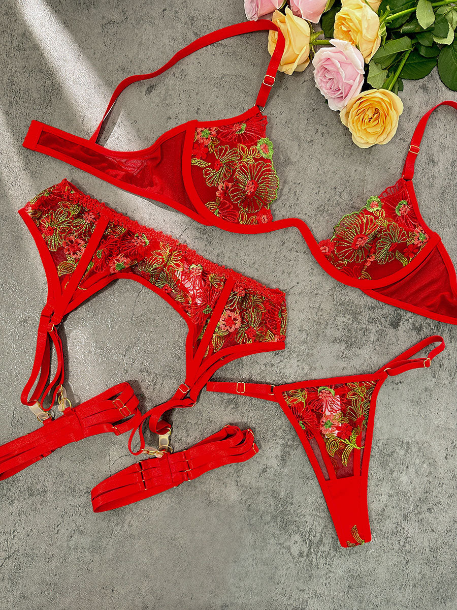Red Flowers Mesh Sheer Lingerie Set