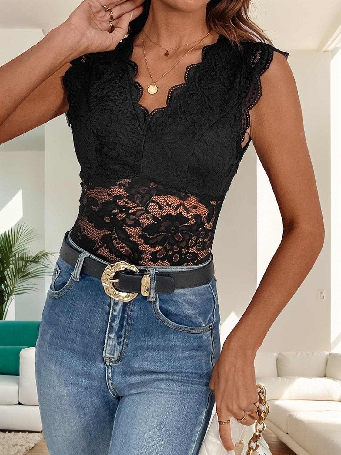 Bodysuits Trendsi Lace v-neck bodysuit with sheer details