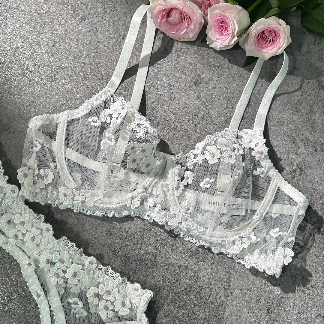 White Cherry Blossoms Sheer Lace Lingerie Set