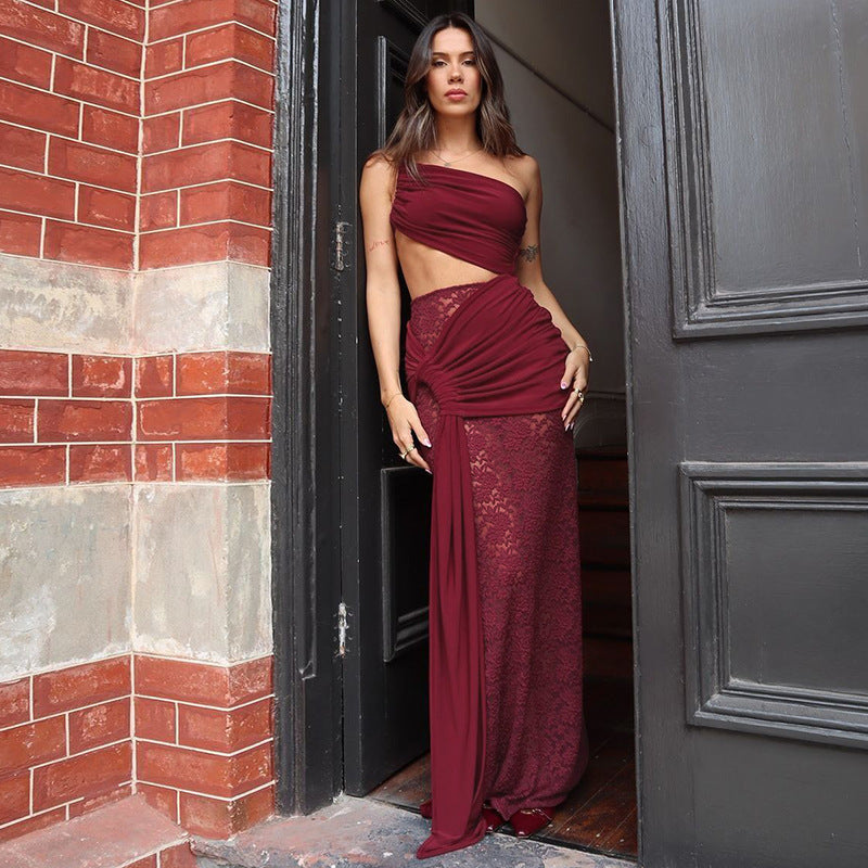 Women Clothing Spring Summer Sexy Mid Waist Hollow Out Cutout Lace Strap Dress