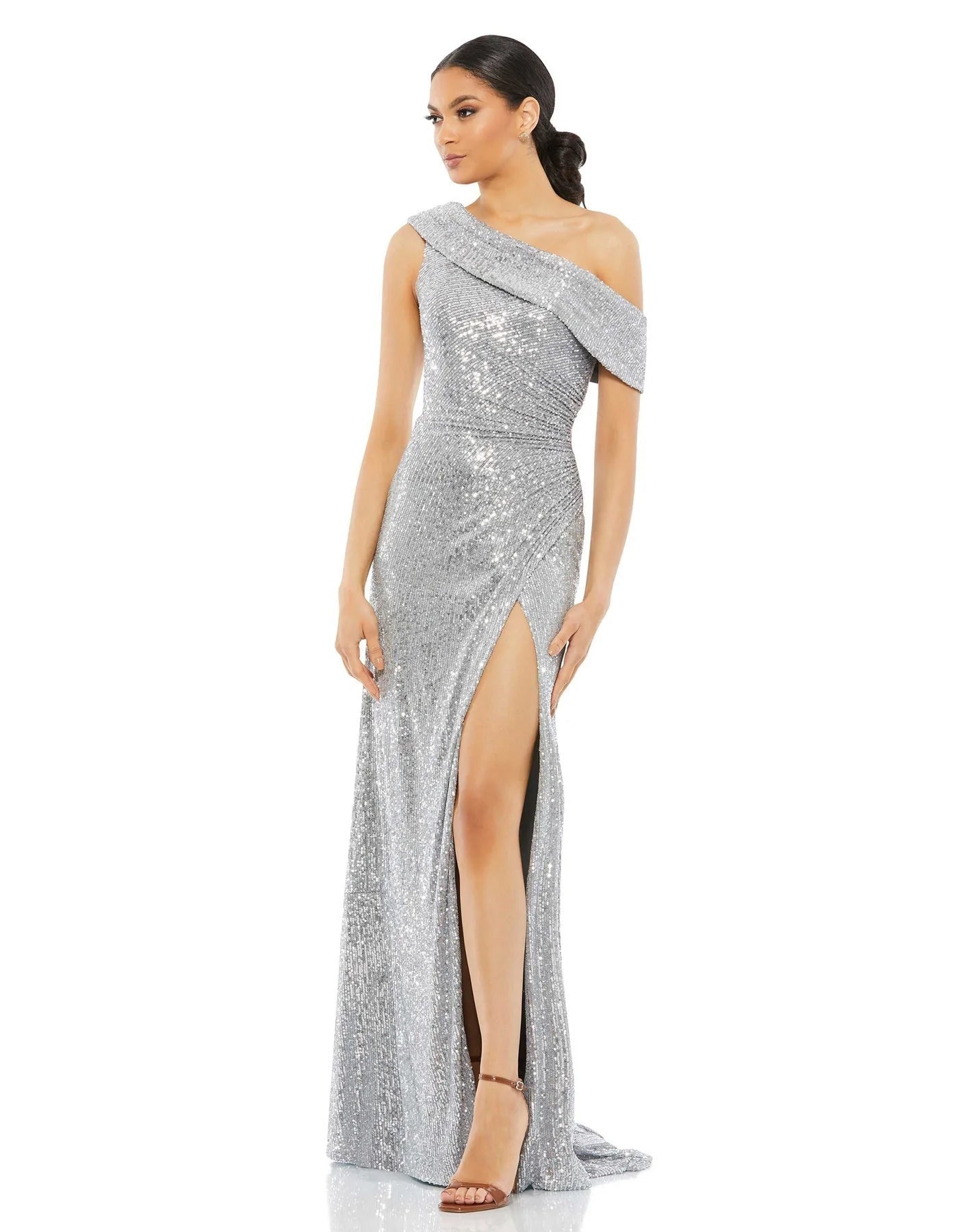 Summer Fashionable Sequ Diagonal Collar High Slit Socialite Dress (4 Colors)