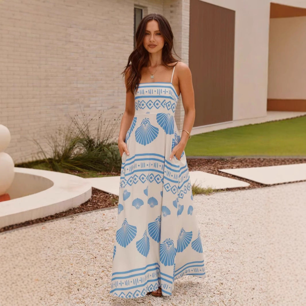 Summer Shell Printed French High Waist Big Swing Sling Maxi Dress