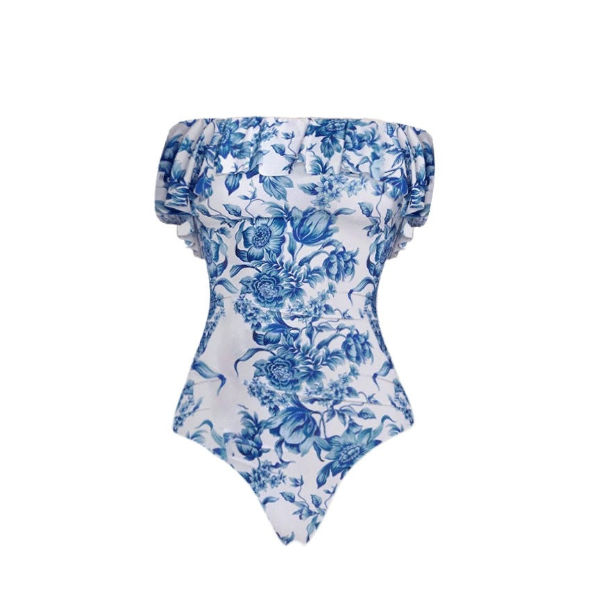 Bikini Blue Color Floral Vacation Split Swimsuit Women