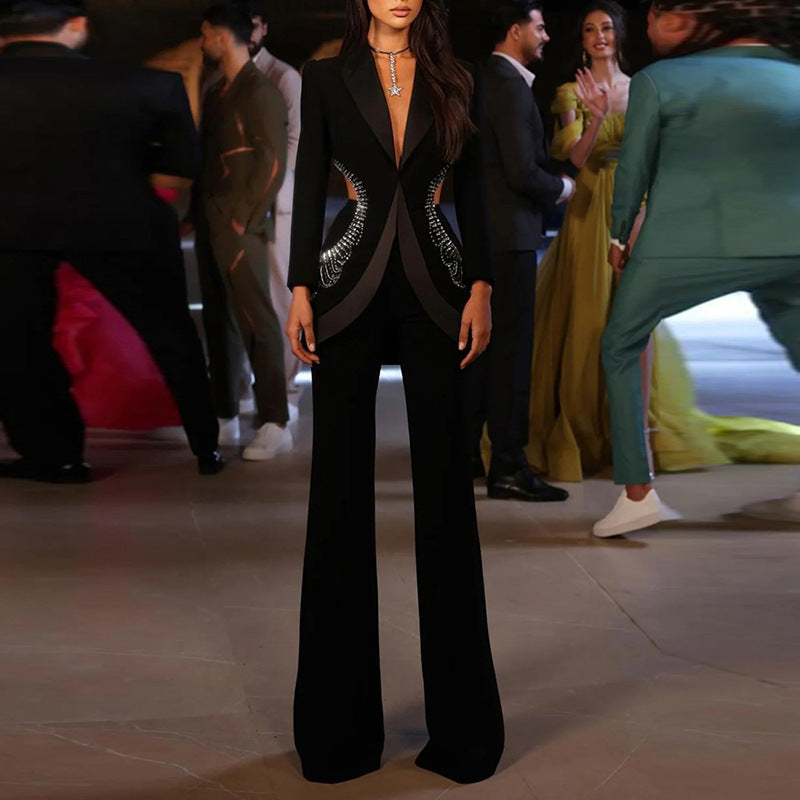 Summer Star Personality Hollow Out Cutout out Rhinestone Blazer Trousers Two Piece Sets