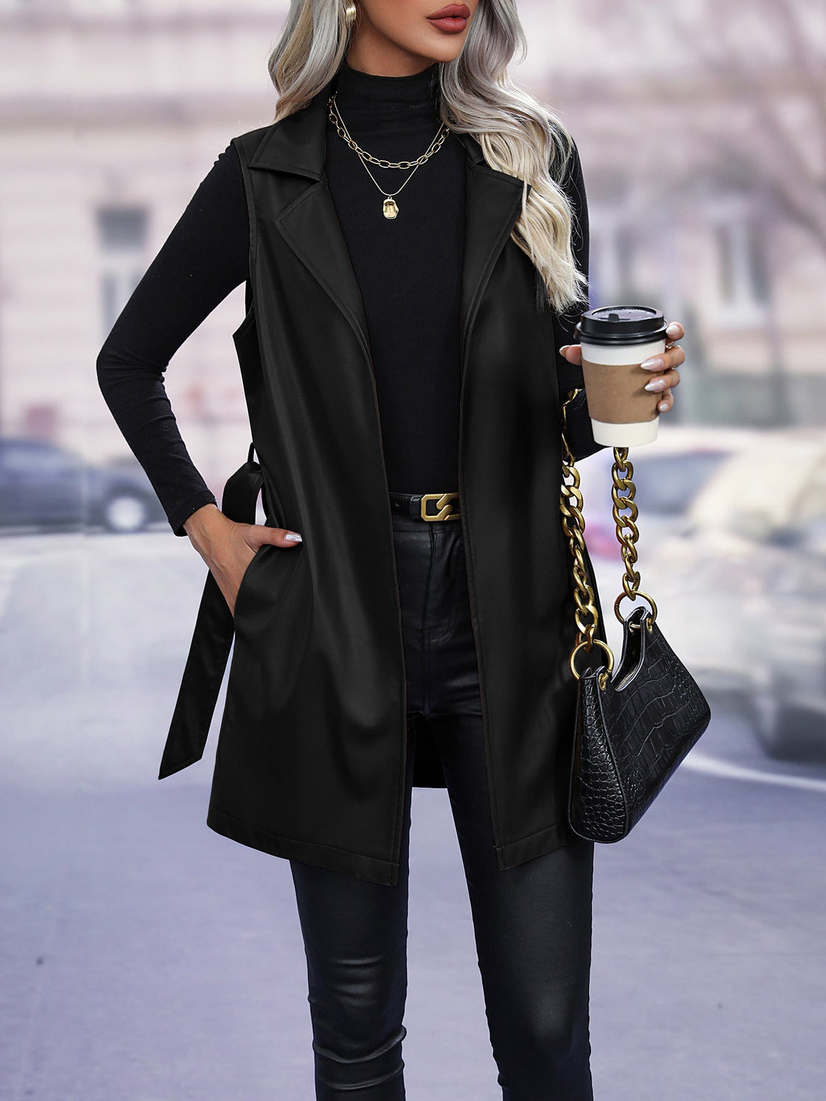 Leather Cardigan Lace up Vest Coat Vest Jacket Top Women Leather Vest