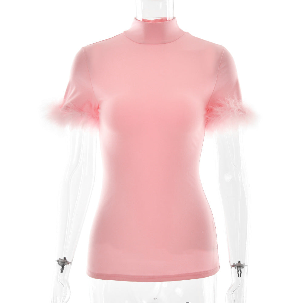 Summer Feather Sleeve Printed Design Women T shirt Slim Sexy Top