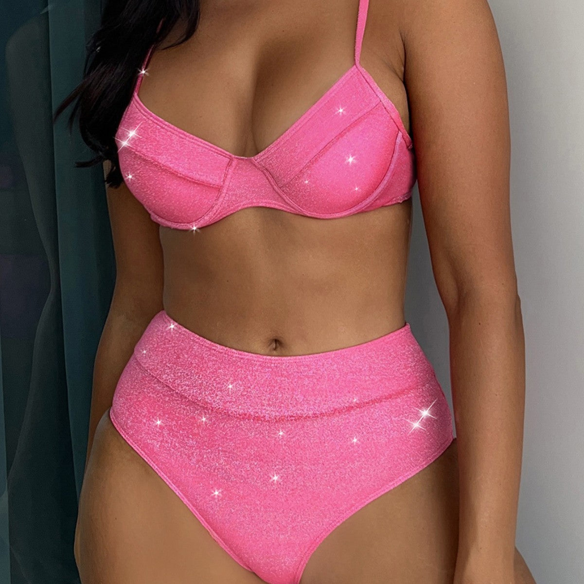 Women Seperated Swimwear Gold Silver Silk Sexy Steel Bracket High Waist Flash
