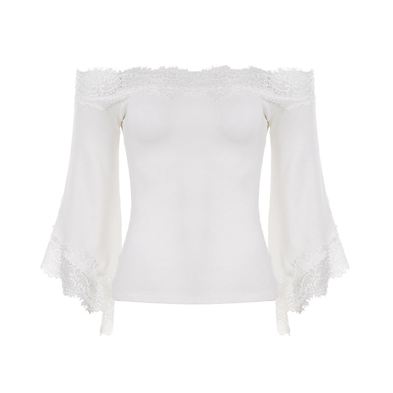 Sexy Lace Patchwork Flared Sleeves off Shoulder Top Women Elegant Solid Color T shirt