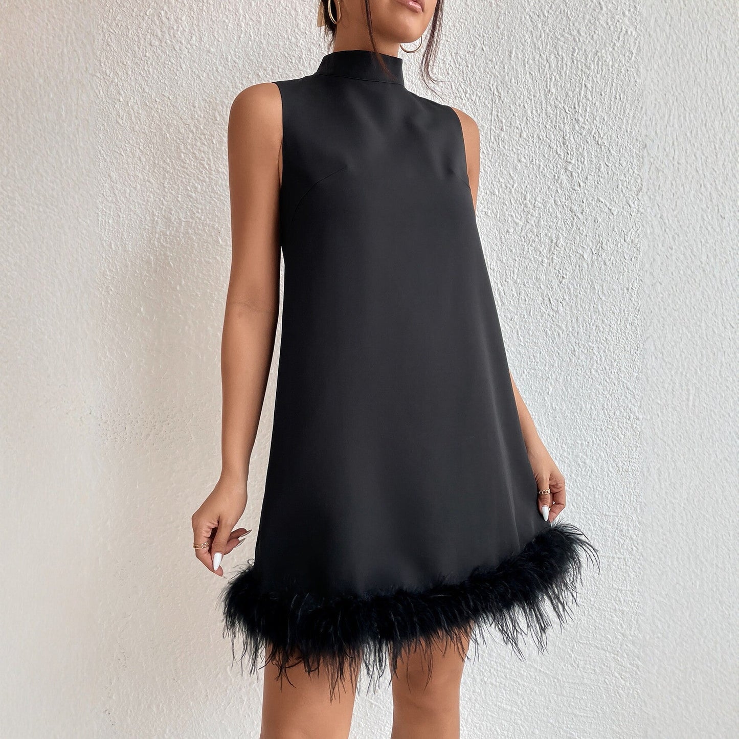 Half Turtleneck Sleeveless Frayed Hem Slimming A line Short