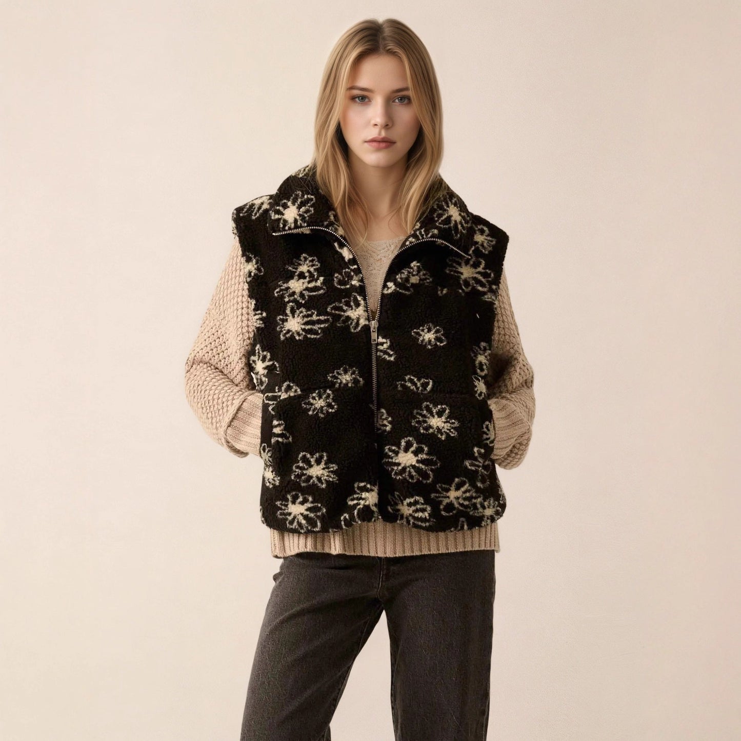 Polo Collar Floral Print Lamb Wool Women Clothing Winter Design Faux Shearling Jacket Sleeveless Coat