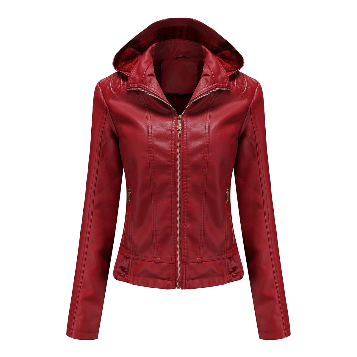 Fall Winter Hooded Leather Coat Women's Detachable Hat Long Sleeve Zipper Fleece-Lined Leather Jacket Slim Coat