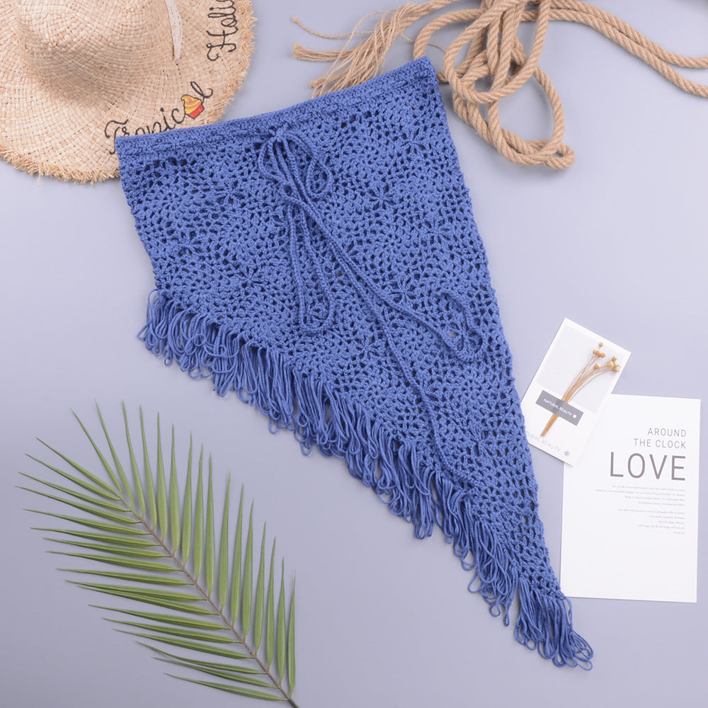 Spring Summer Women Clothing Sexy See-through Hollow Out Cutout Knitted Dress Open Oblique Tassel Beach Skirt