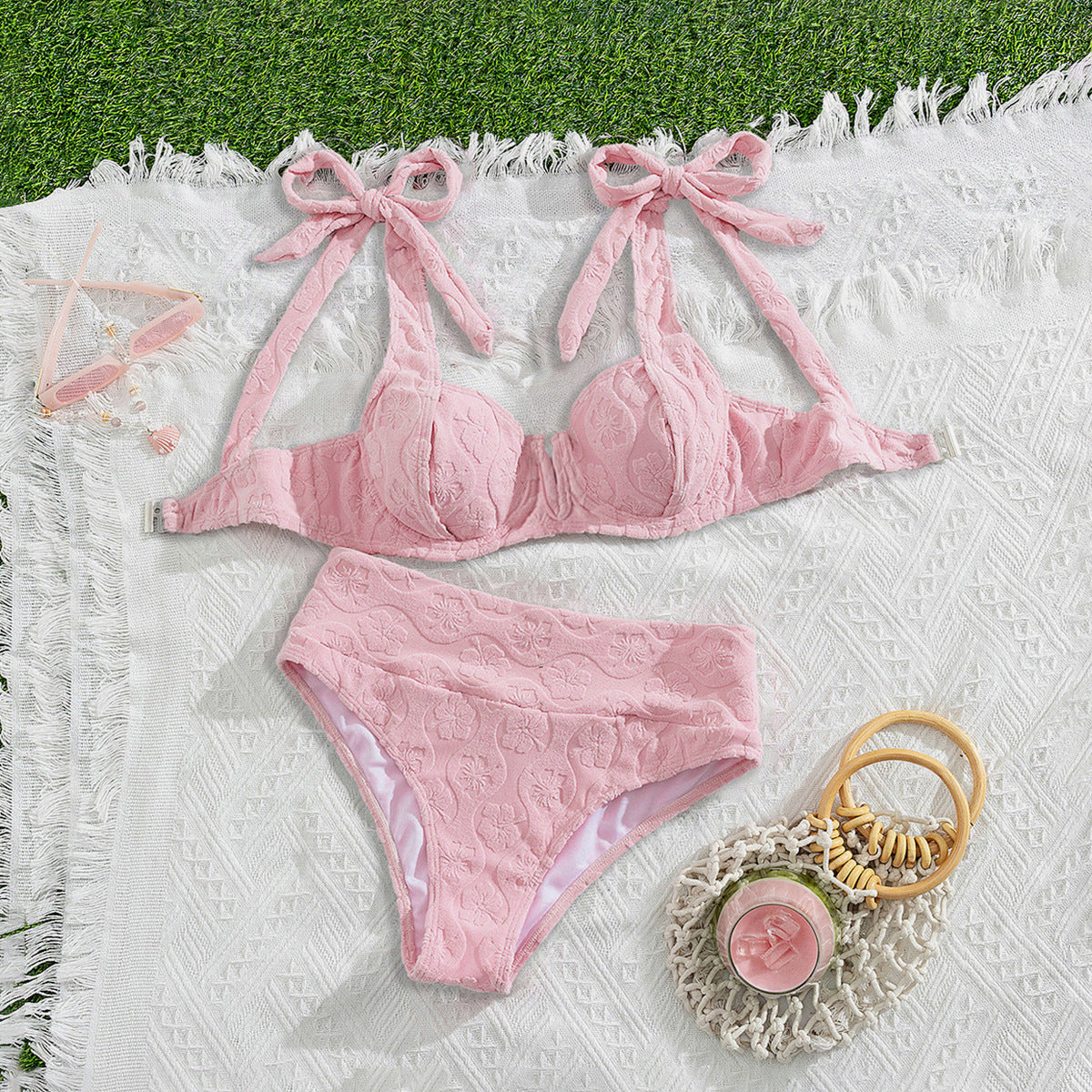 Swimwear Sexy Bikini Solid Color High Waist Thickened Bow Swimsuit