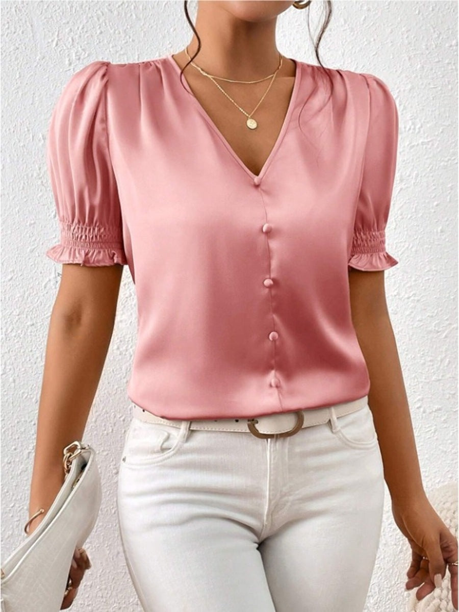 Satin V neck Buttons Shirt Spring Autumn French Casual Short Sleeve Ruffle Blouse