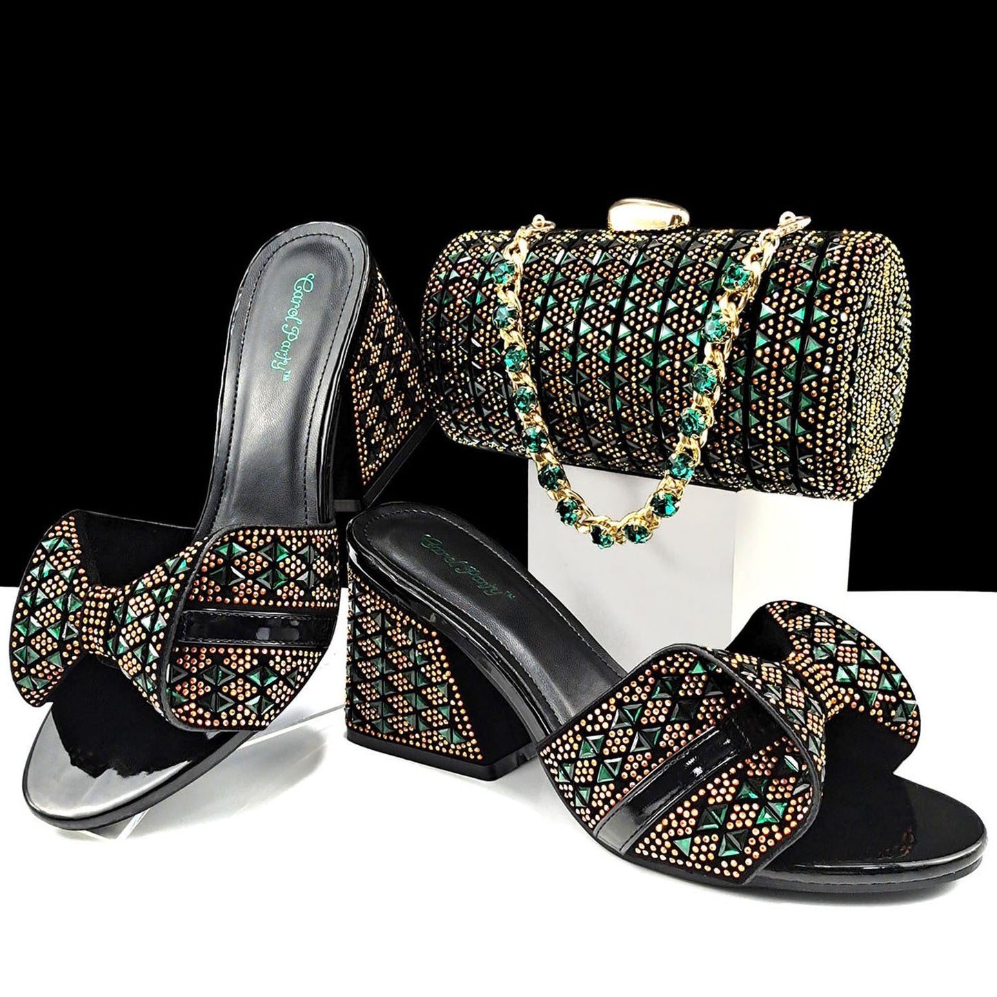 Women Shoes Bags Two Piece Sets Summer Mouth High Heel Slippers Color Matching Rhinestone Embellished Cylindrical Bag Casual