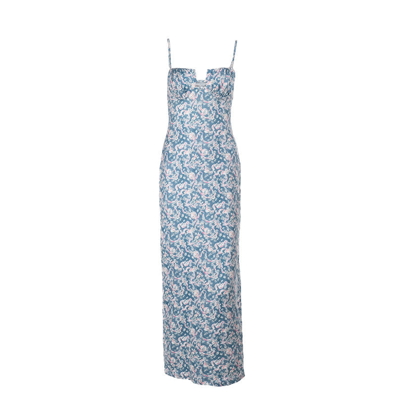 Sexy Suspender Printed Slim Fit Vacation Hip Maxi Dress