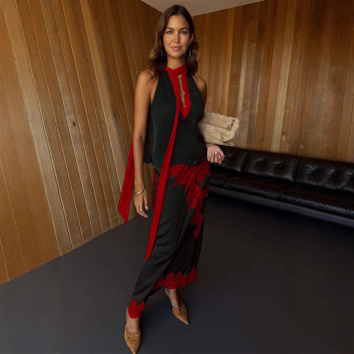 Women Spring Summer Satin Stitching Sleeveless Casual Loose Skirt Set