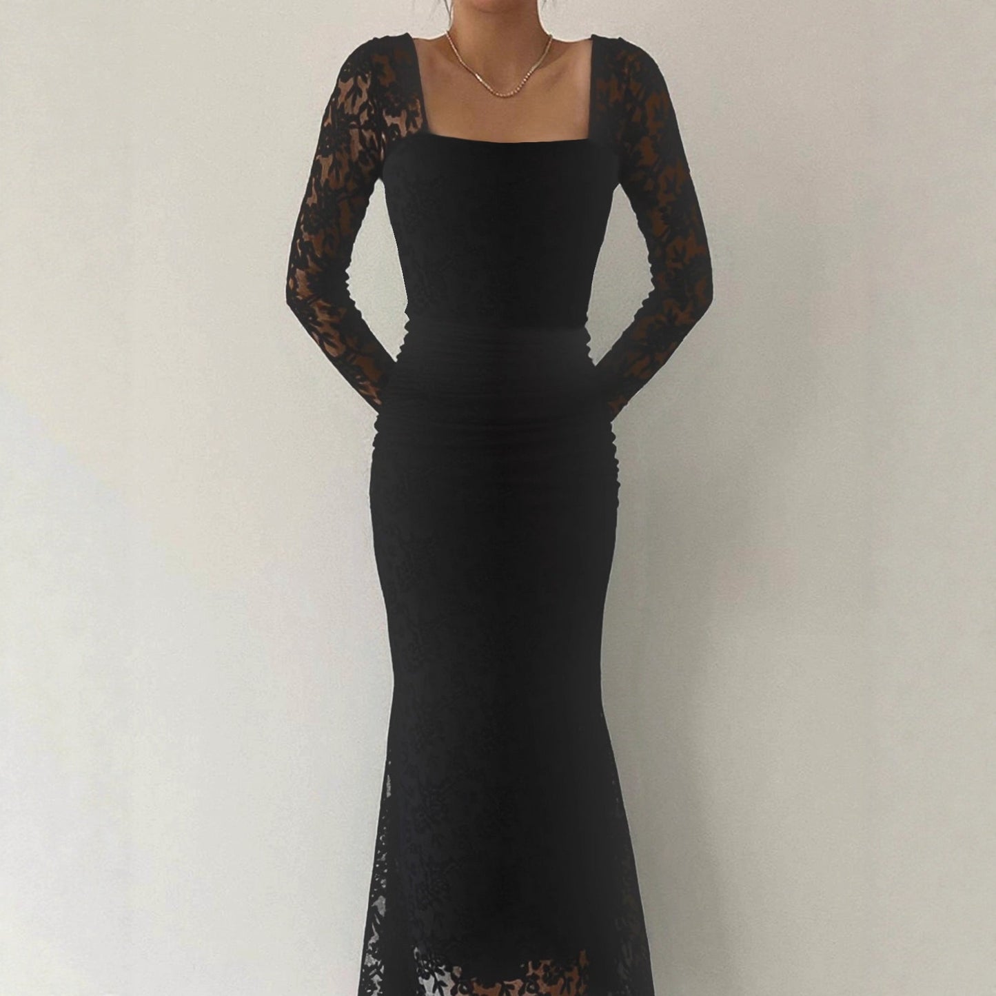 Autumn Winter Women Clothing Fashionable Elegant Lace Stitching Square Collar Slimming Pleated Maxi Dress