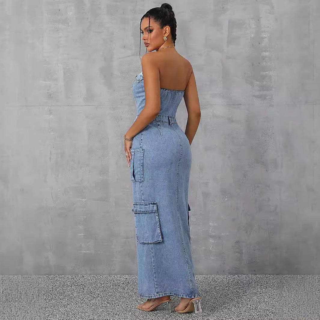 Women Clothing Casual Tube Top Tooling Large Pocket Denim Dress