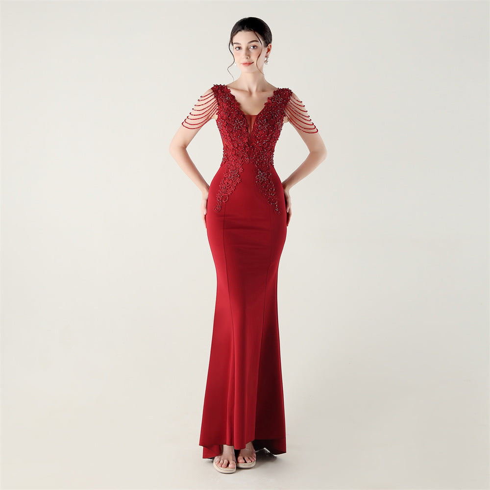 Satin Heavy Industry Beaded Three Dimensional Applique Boning Corset Waist-Tight Evening Dress Lace Tassels Design Cocktail Social Networking