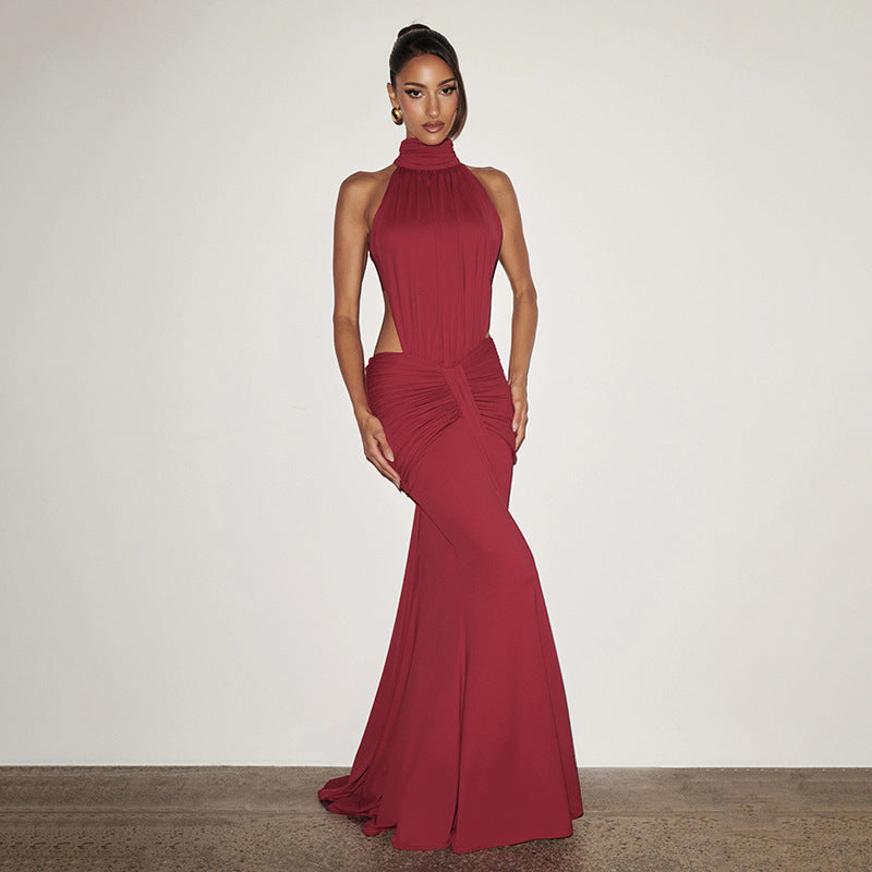 Women Clothing Summer Solid Color Small Turtleneck Sleeveless Backless Pleated Casual Sexy Dress