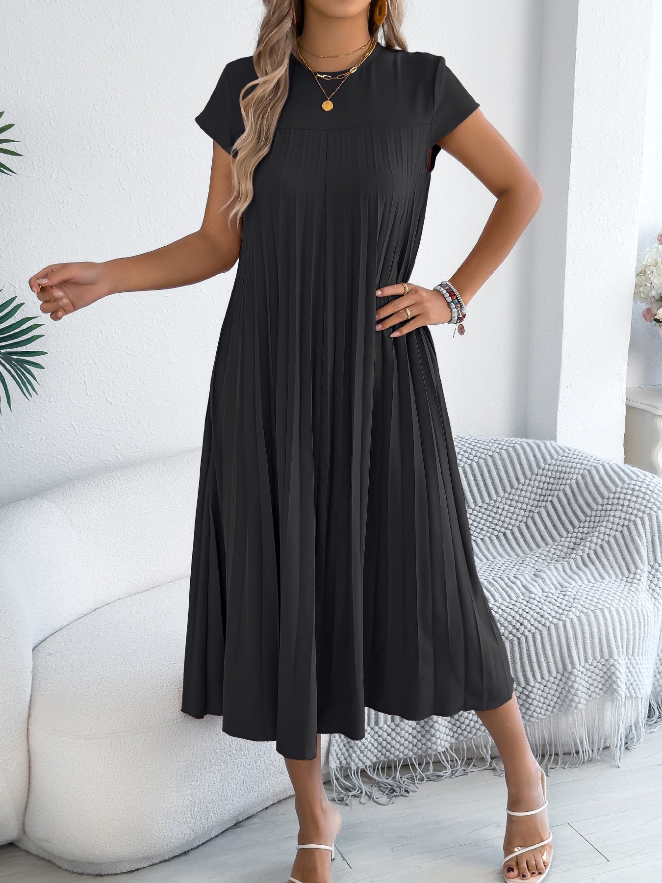 Women Clothing Spring Summer Casual Loose Short Sleeves Pocket Pleated Dress(No Belt)
