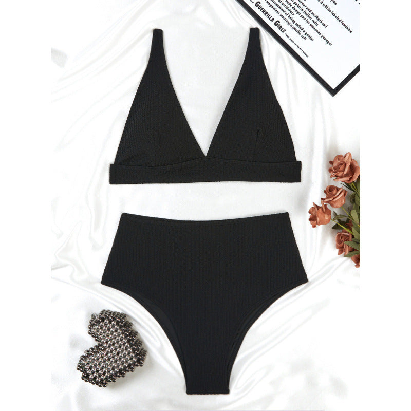Solid Color High Waist Sunken Stripe Bikini Sexy Swimsuit Women Split Special Fabric Swimsuit